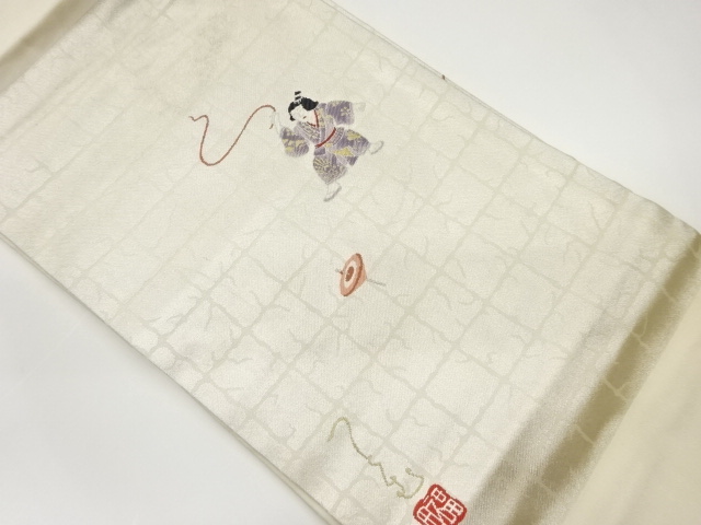 作家物　人物・独楽模様織出し名古屋帯